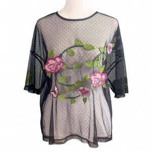 Floral Embroidered Sheer Black Top